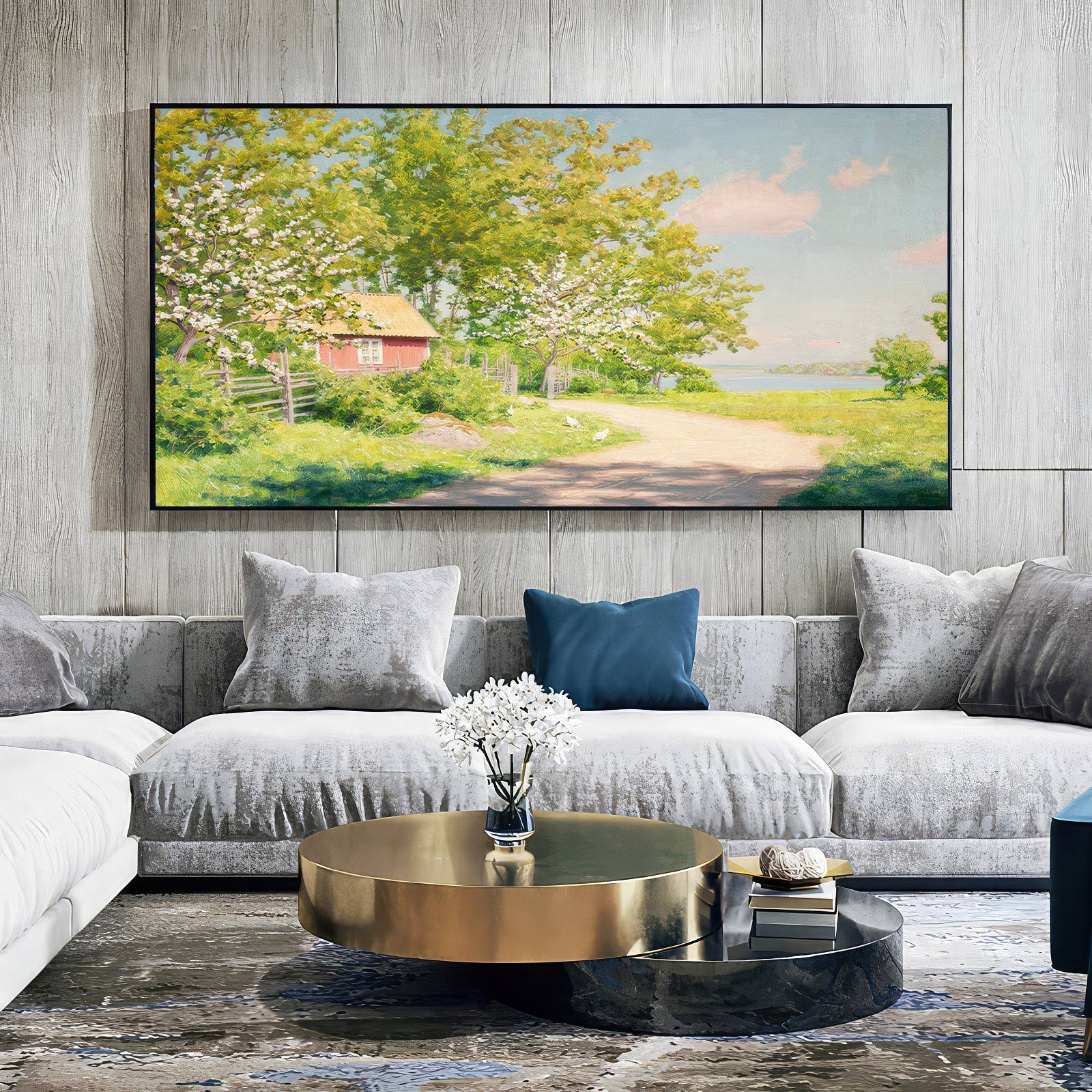 Blossom by the Lake: Tranquil Landscape Oil Painting