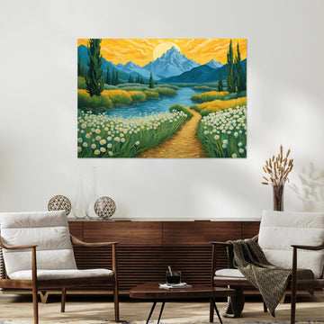 Golden Pathway to Serenity – Mountain Meadow Poster Canvas for Living Room