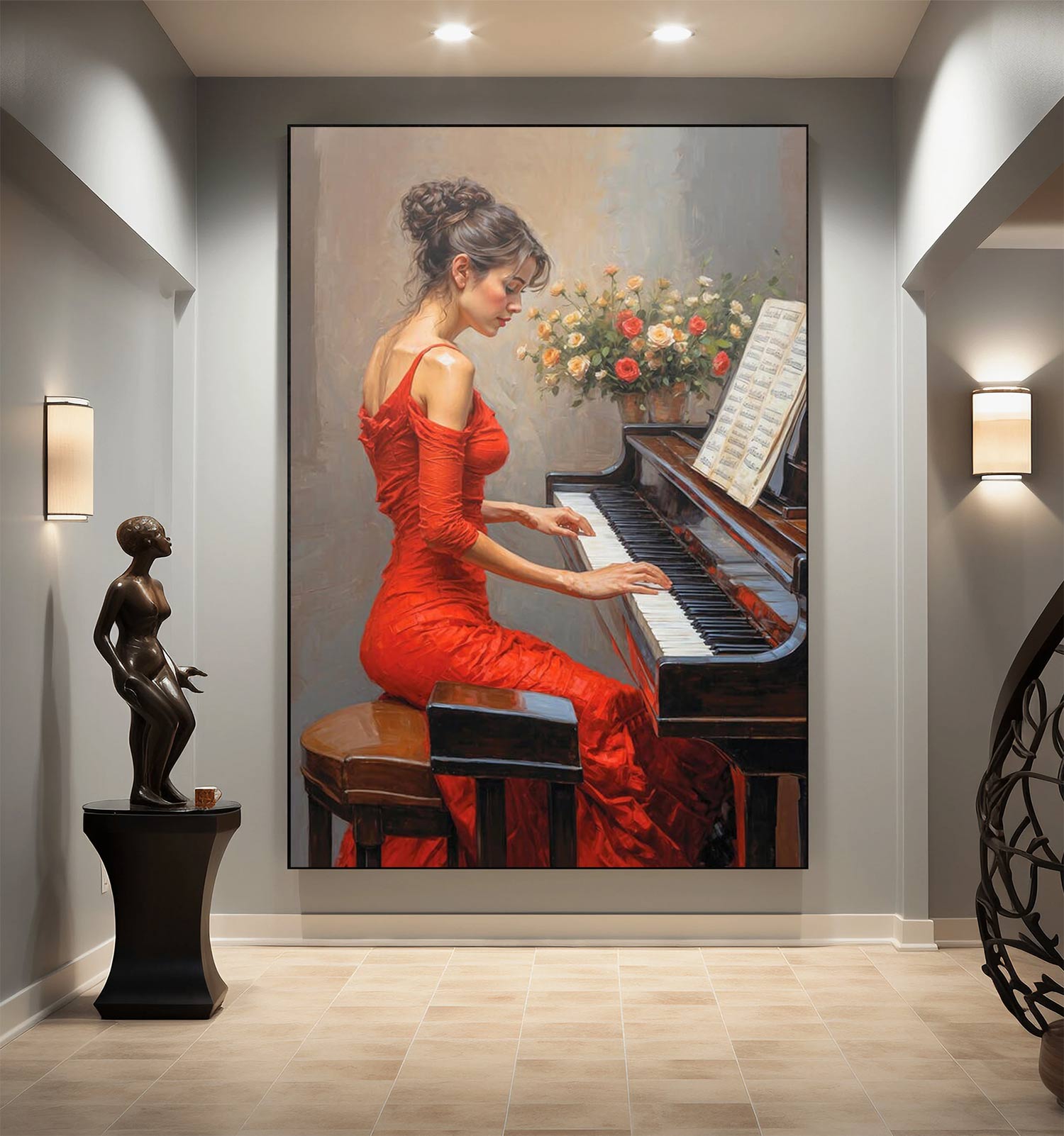 Musical Serenity: Pianist in Scarlet Oil Painting