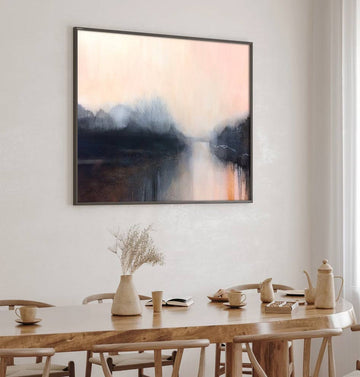 Misty Dawn Riverbank – Atmospheric Landscape Canvas Print