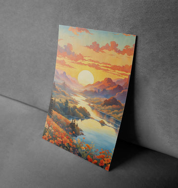 Golden Horizon – Tranquil Sunset Over Mountains Poster