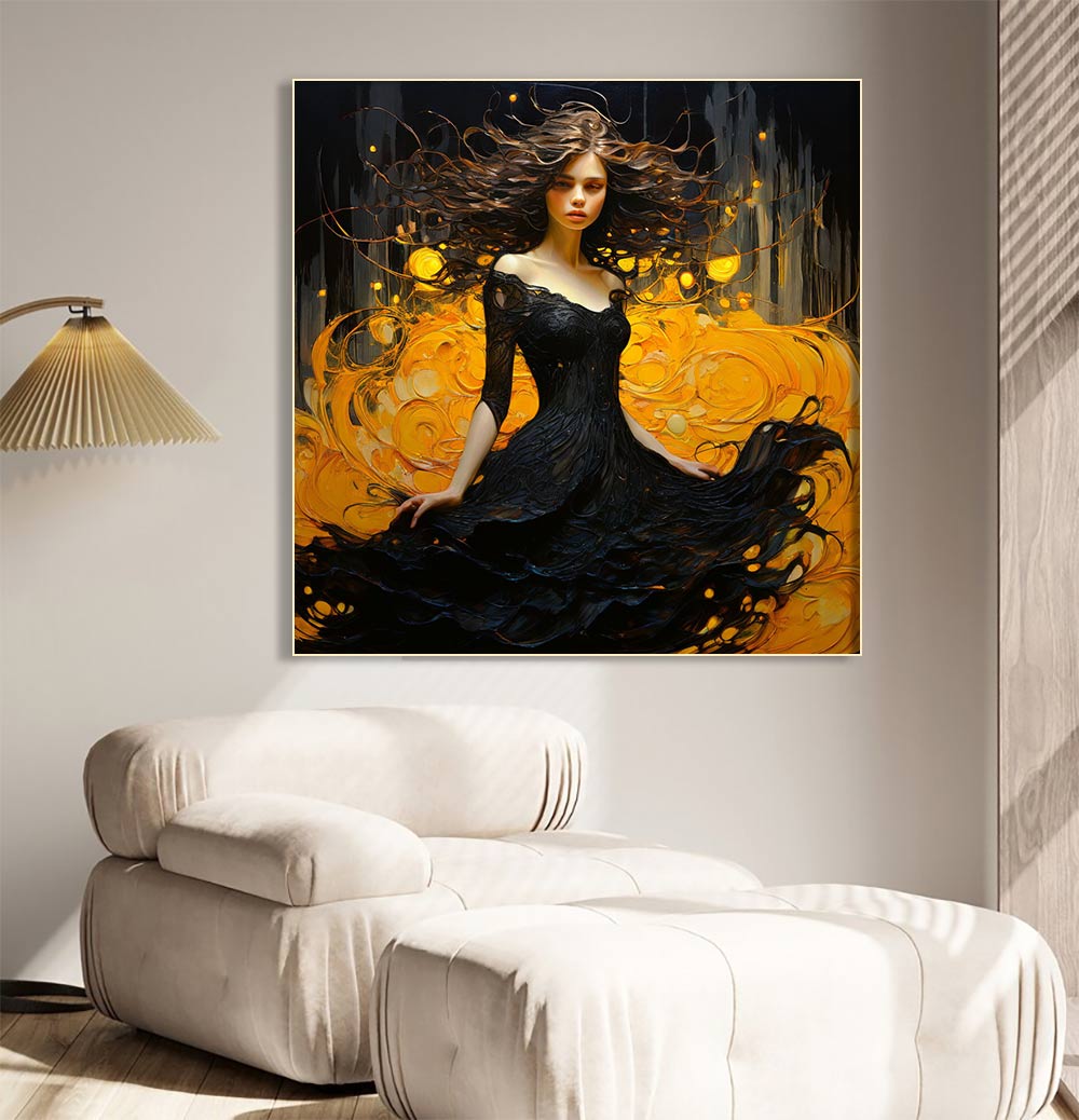 Fiery Elegance – Mystical Woman in Black Dress Oil Painting Canvas