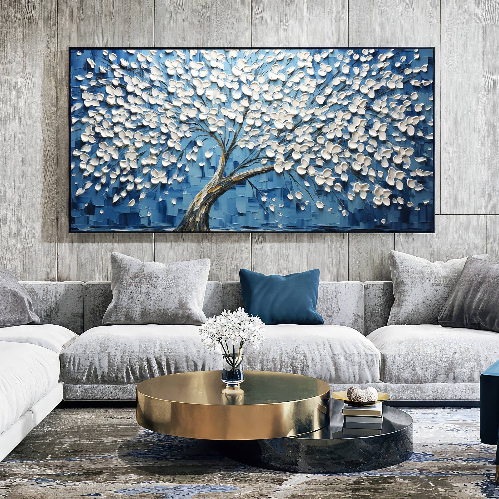 Blossom Serenity: Textured Floral Tree Oil Painting