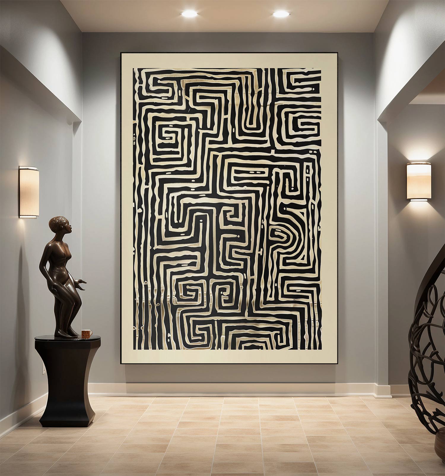 Monochrome Labyrinth: Abstract Geometric Oil Painting