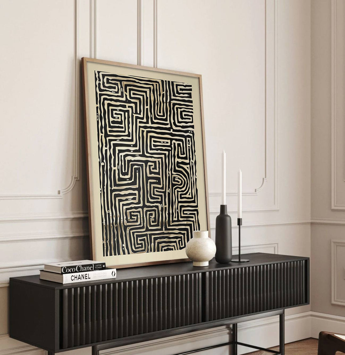 Monochrome Labyrinth: Abstract Geometric Oil Painting