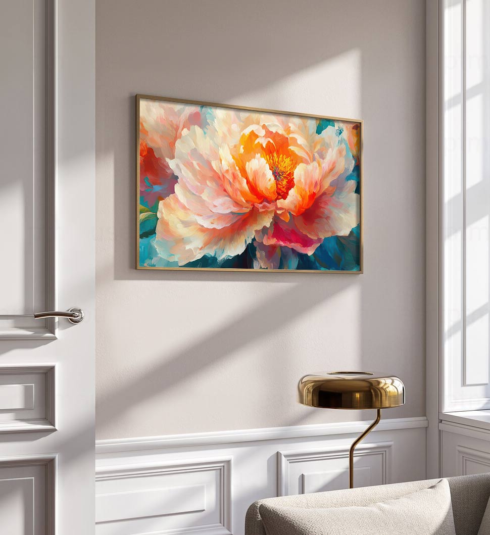 Vibrant Peony Bloom: Radiant Floral Oil Painting