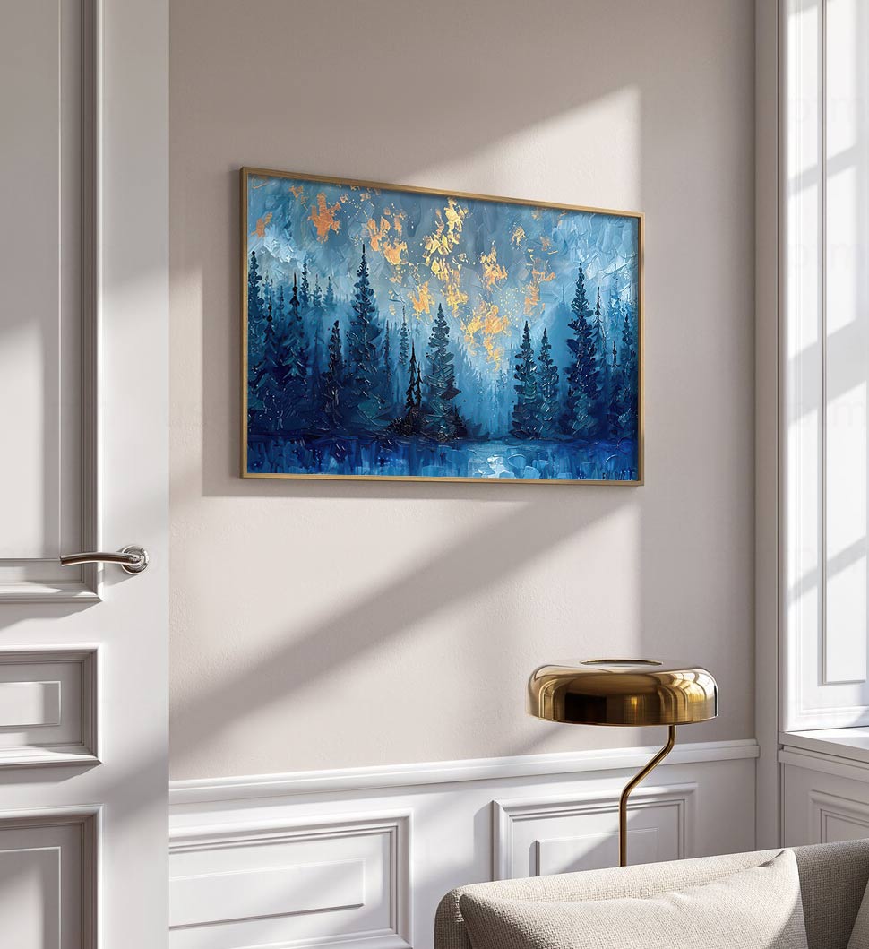 Mystical Forest Dawn: Enchanting Blue Landscape Oil Painting