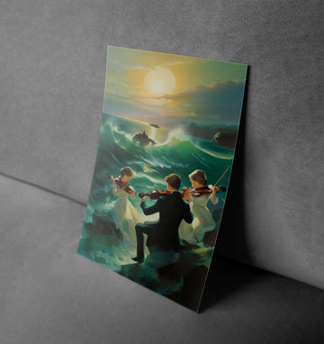 Symphony at Sea Art Print - Enchanting Violinist Trio by the Waves