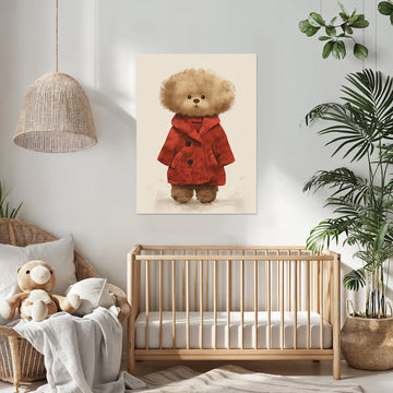 Chic Fluffy Bear in Red Coat - Adorable Kids Wall Art