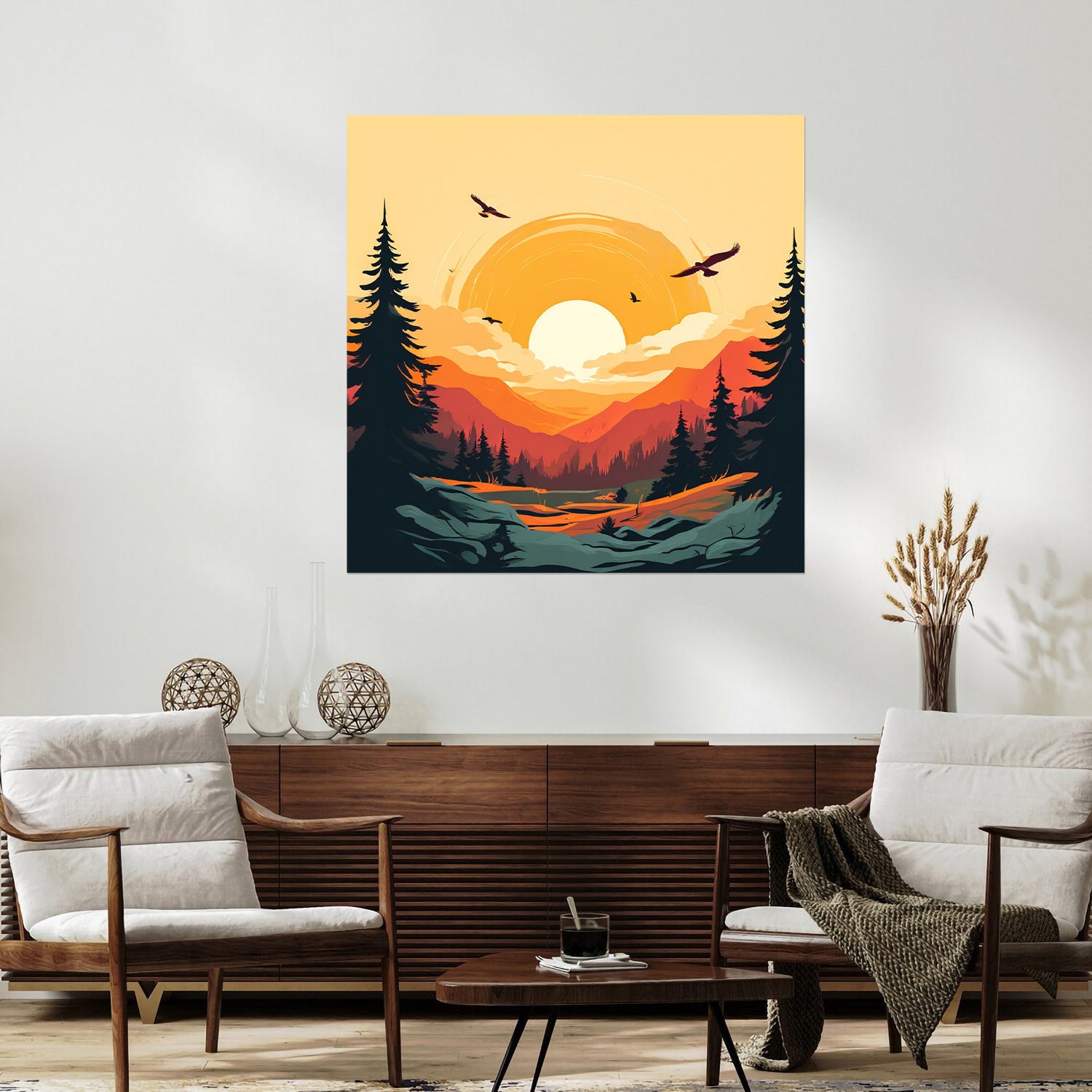 Golden Sunset Wilderness – Minimalist Mountain Canvas for Living Room