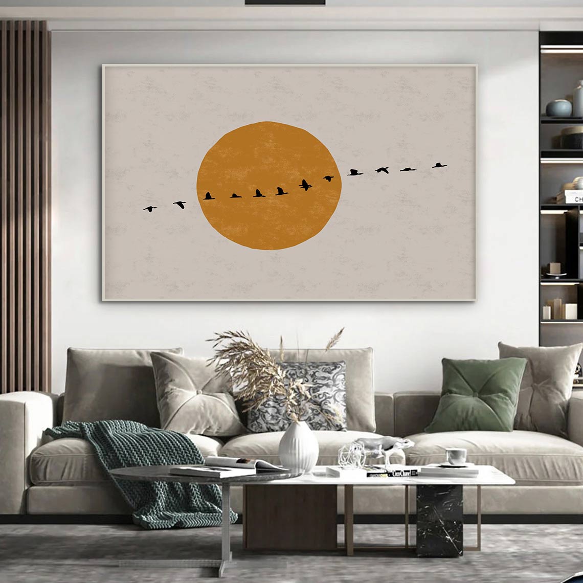 Minimalist Birds in Flight Canvas Print – A Journey Across the Sun