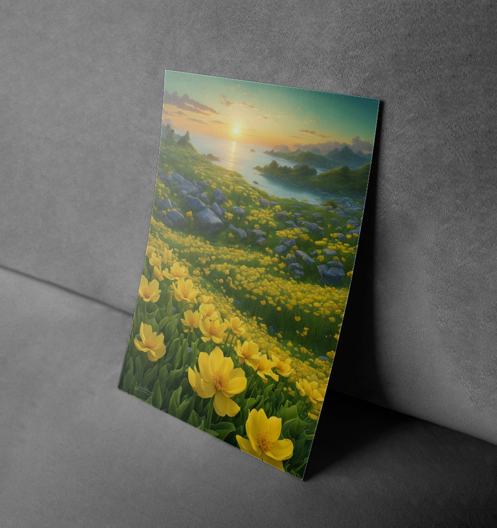 Sunlit Meadow – Tranquil Yellow Flowers Landscape Poster