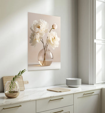 Elegant White Peonies in Glass Vase – Timeless Floral Canvas Art for Your Kitchen