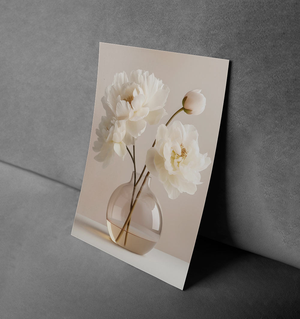 Elegant White Peonies in Glass Vase – Timeless Floral Canvas Art for Your Kitchen