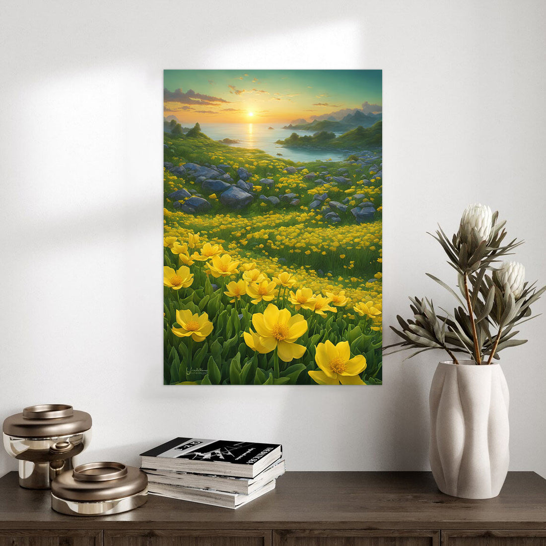 Sunlit Meadow – Tranquil Yellow Flowers Landscape Poster