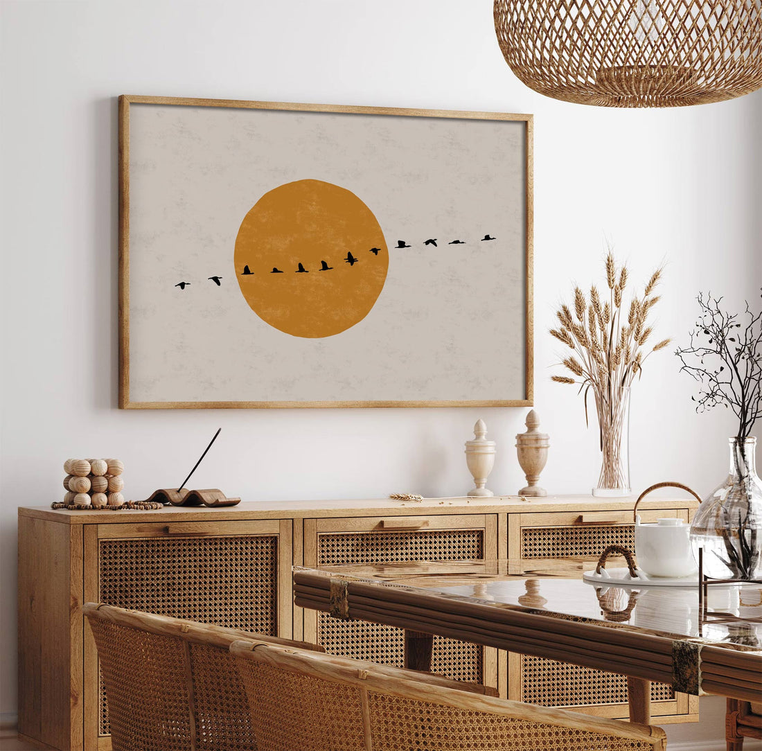 Minimalist Birds in Flight Canvas Print – A Journey Across the Sun