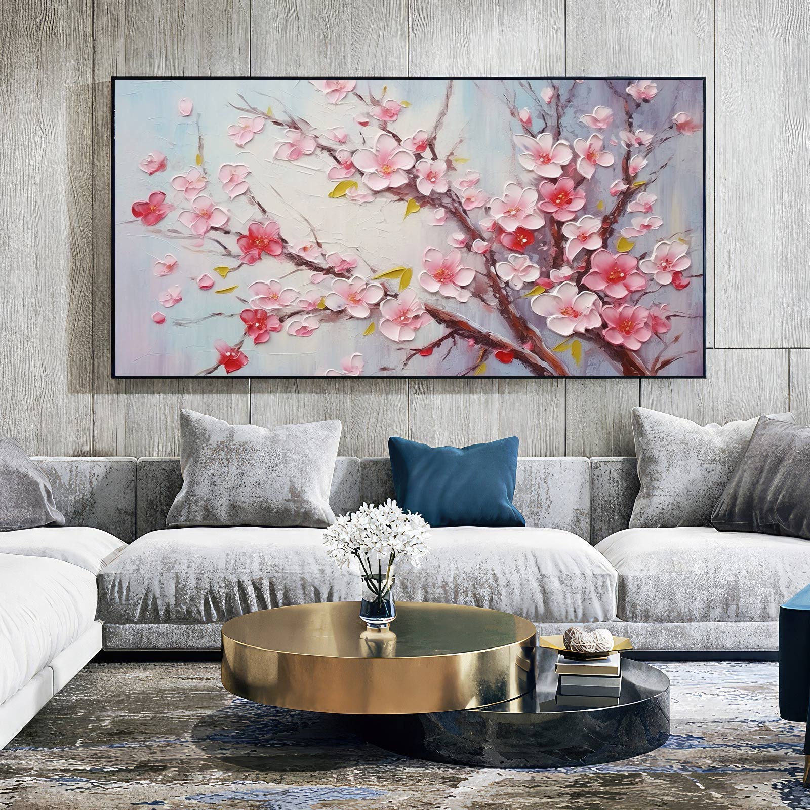 Blossom Serenity: Pink Cherry Blossoms Floral Oil Painting