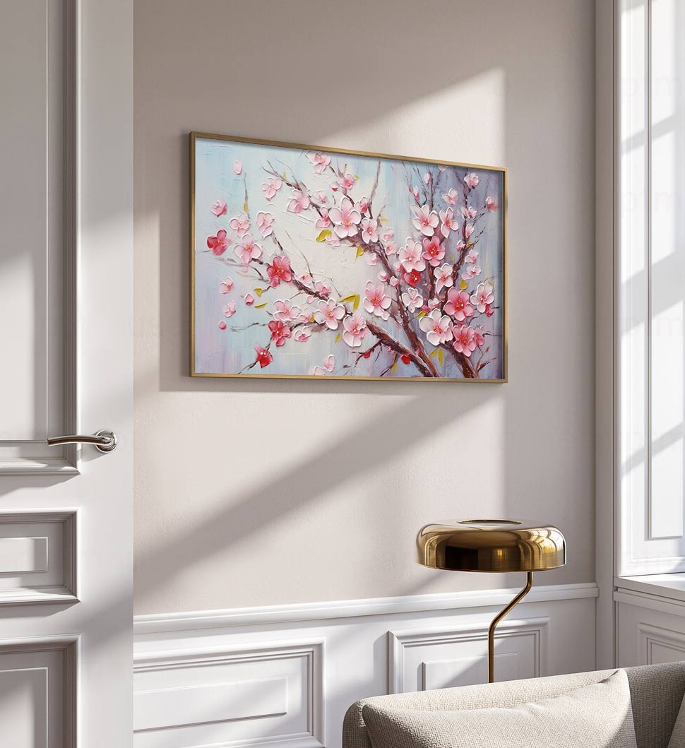 Blossom Serenity: Pink Cherry Blossoms Floral Oil Painting