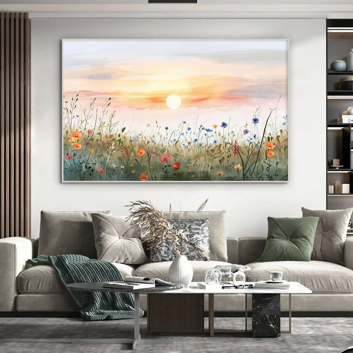 Serene Sunset Over Wildflowers Canvas Print – A Peaceful Meadow