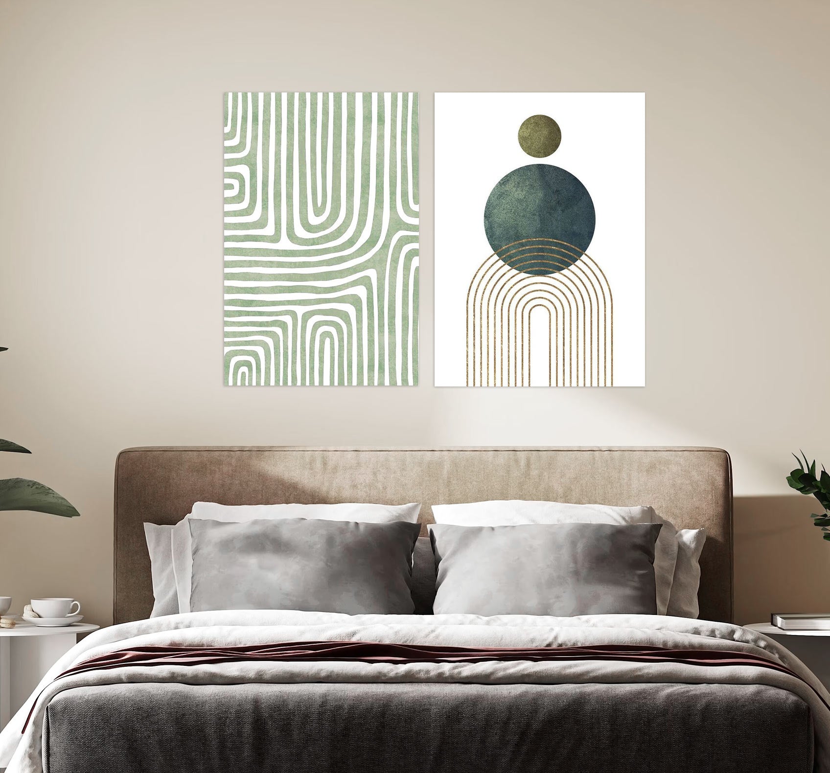 Minimalist Earth Tone Geometric Art Prints – Set of Two Modern Posters for Bedroom Decor