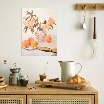 Vintage Still Life with Peaches & Floral Vase – Kitchen Art Canvas Print