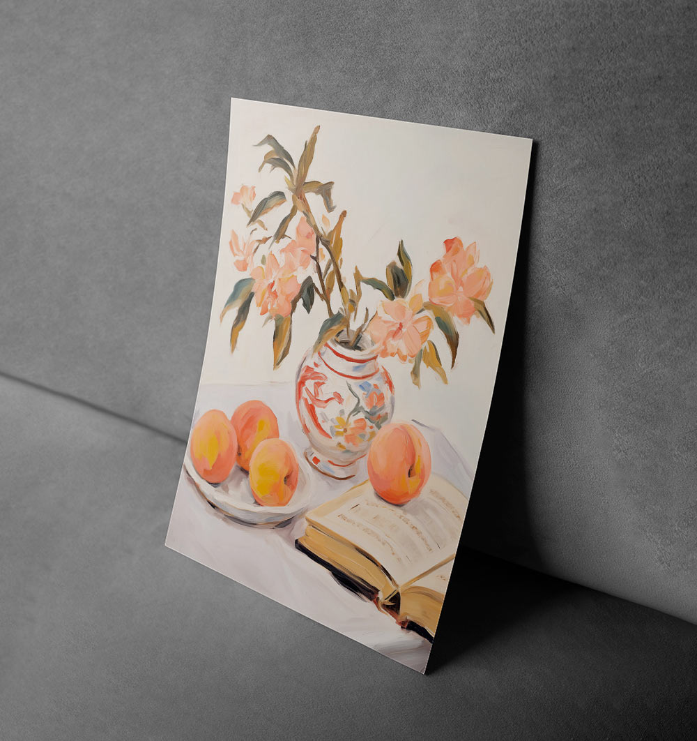 Vintage Still Life with Peaches & Floral Vase – Kitchen Art Canvas Print