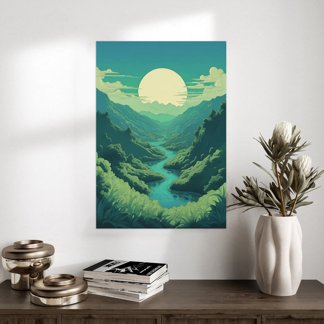 Moonlit River Valley – Tranquil Nature Landscape Poster