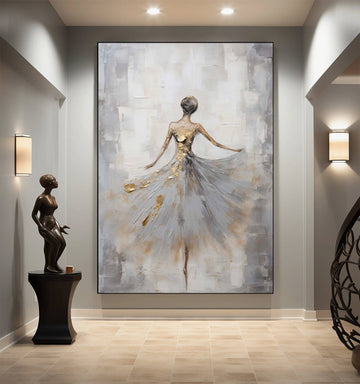 Golden Elegance: Abstract Ballerina Oil Painting