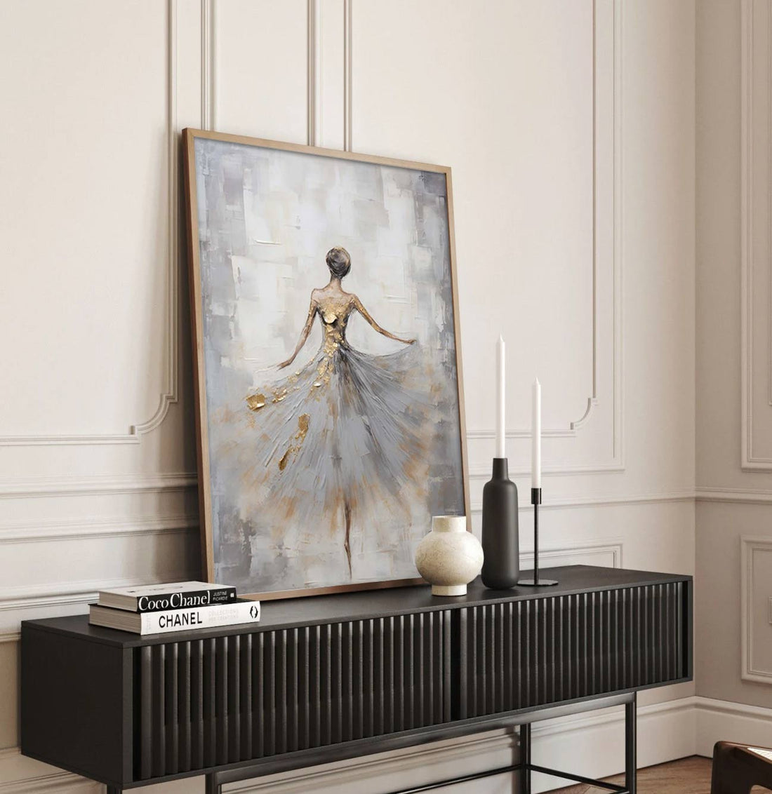 Golden Elegance: Abstract Ballerina Oil Painting