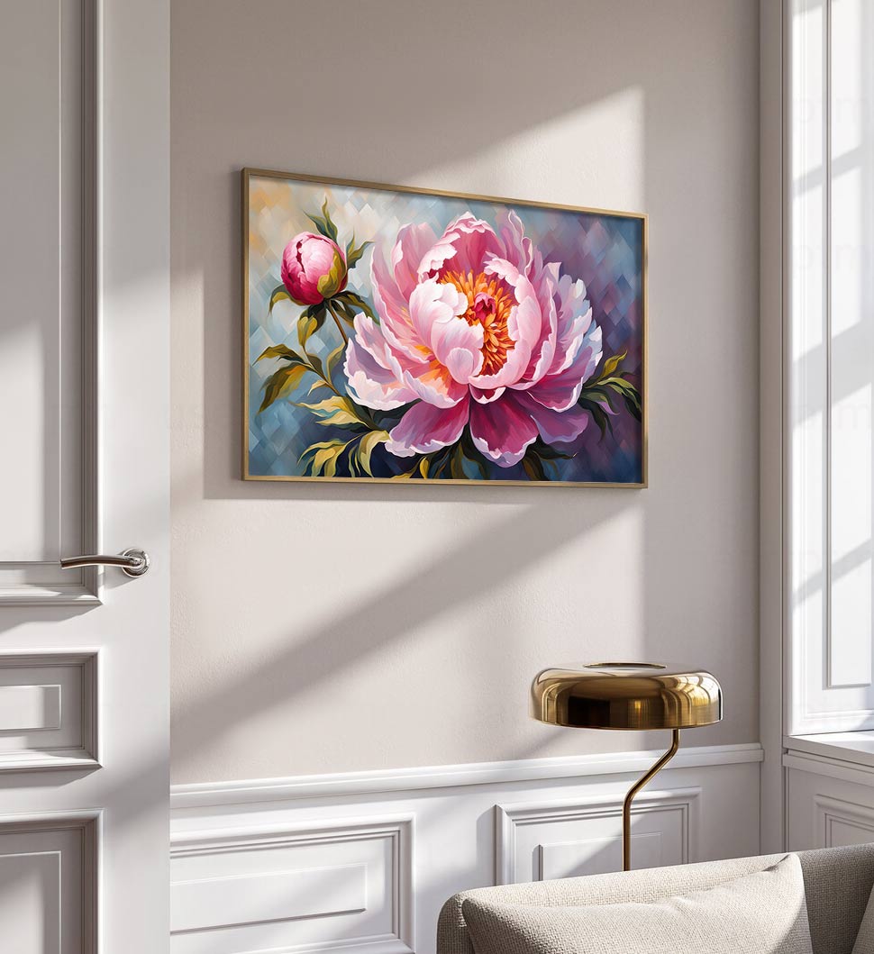 Radiant Bloom: Vibrant Pink Peony Floral Oil Painting