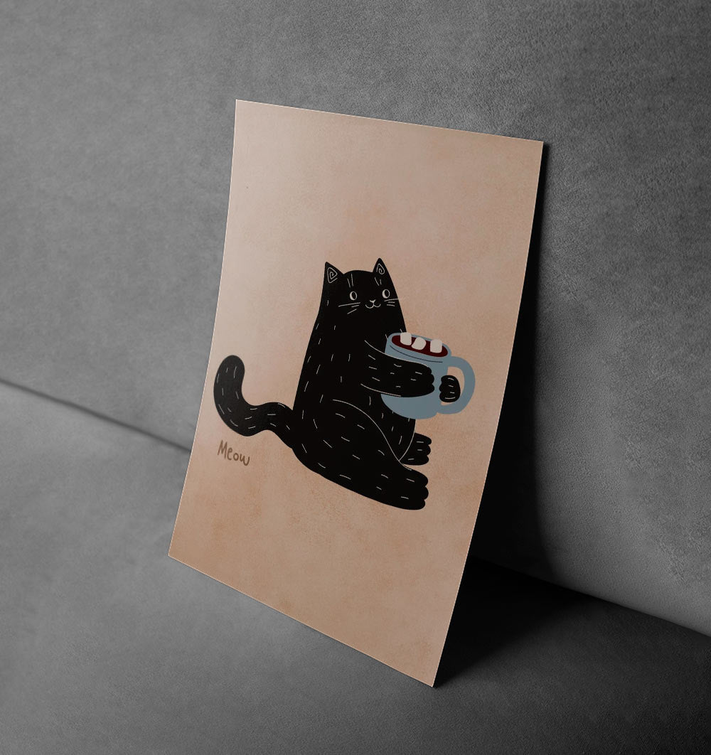 Whimsical Black Cat with Coffee – Fun Kitchen Canvas Print