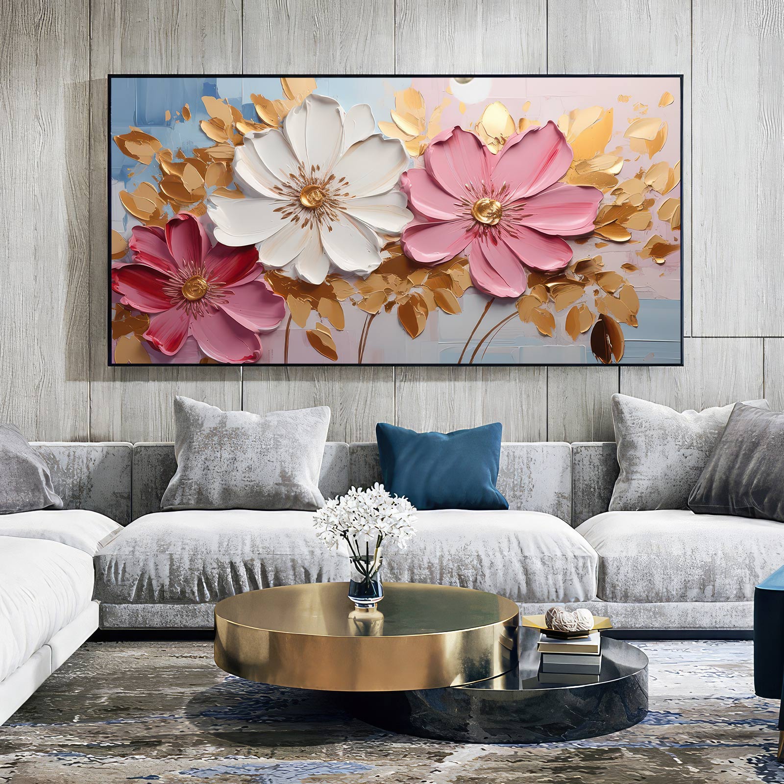 Golden Elegance: Textured Floral Oil Painting with Bold Blossoms