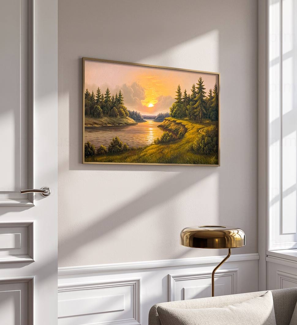 Golden Sunset Over River Valley: Tranquil Landscape Oil Painting