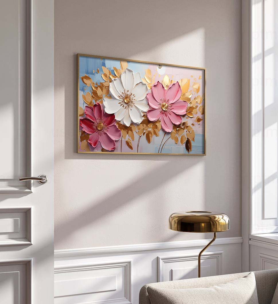 Golden Elegance: Textured Floral Oil Painting with Bold Blossoms