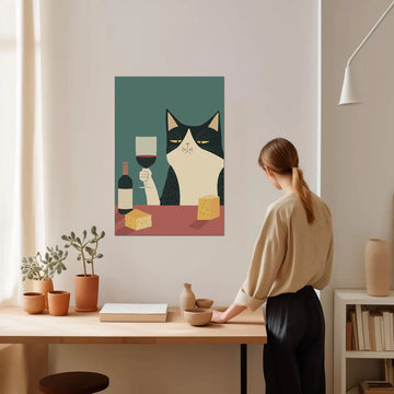 Sophisticated Cat with Wine – Humorous Kitchen Canvas Print