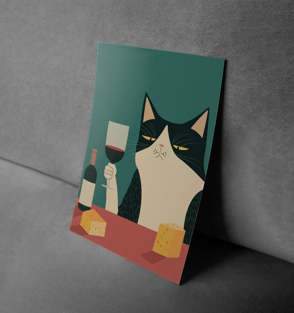 Sophisticated Cat with Wine – Humorous Kitchen Canvas Print