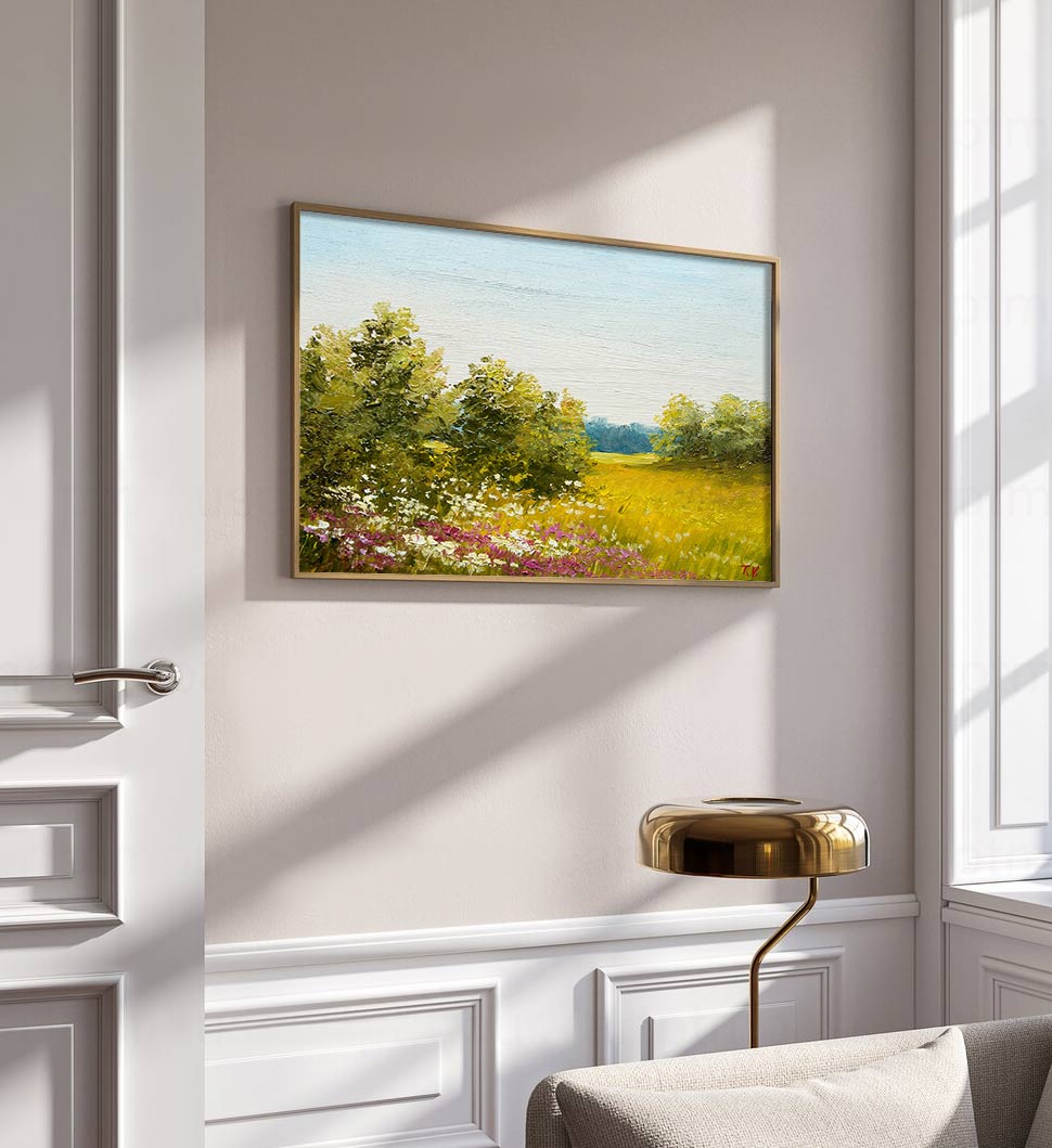 Serene Meadow in Bloom: Tranquil Landscape Oil Painting