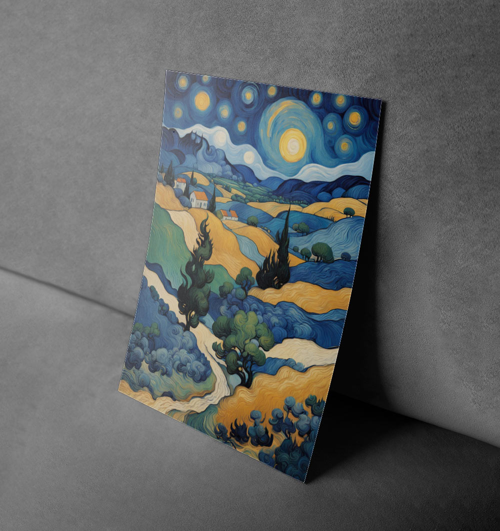 Rolling Hills Under a Starry Night – Van Gogh-Inspired Landscape