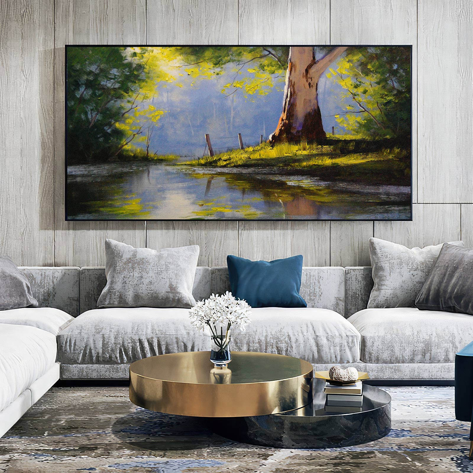 Sunlit Riverbank: Tranquil Landscape Oil Painting