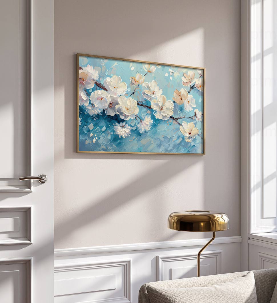 Blossom Symphony: White Magnolia Branches on Blue Oil Painting