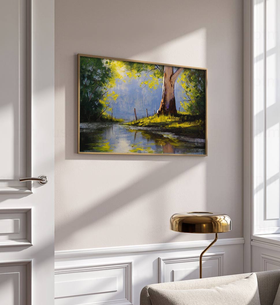 Sunlit Riverbank: Tranquil Landscape Oil Painting