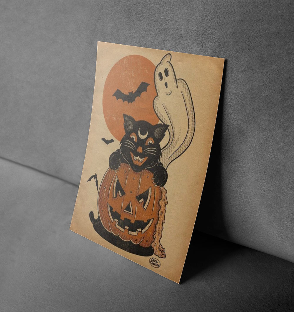 Vintage Halloween Black Cat & Pumpkin Poster