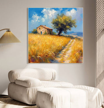 Golden Wheat Fields: Tranquil Countryside Landscape Oil Painting