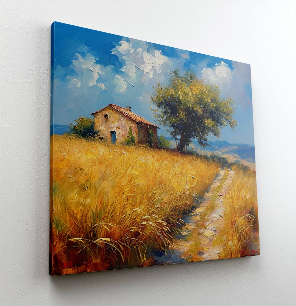 Golden Wheat Fields: Tranquil Countryside Landscape Oil Painting