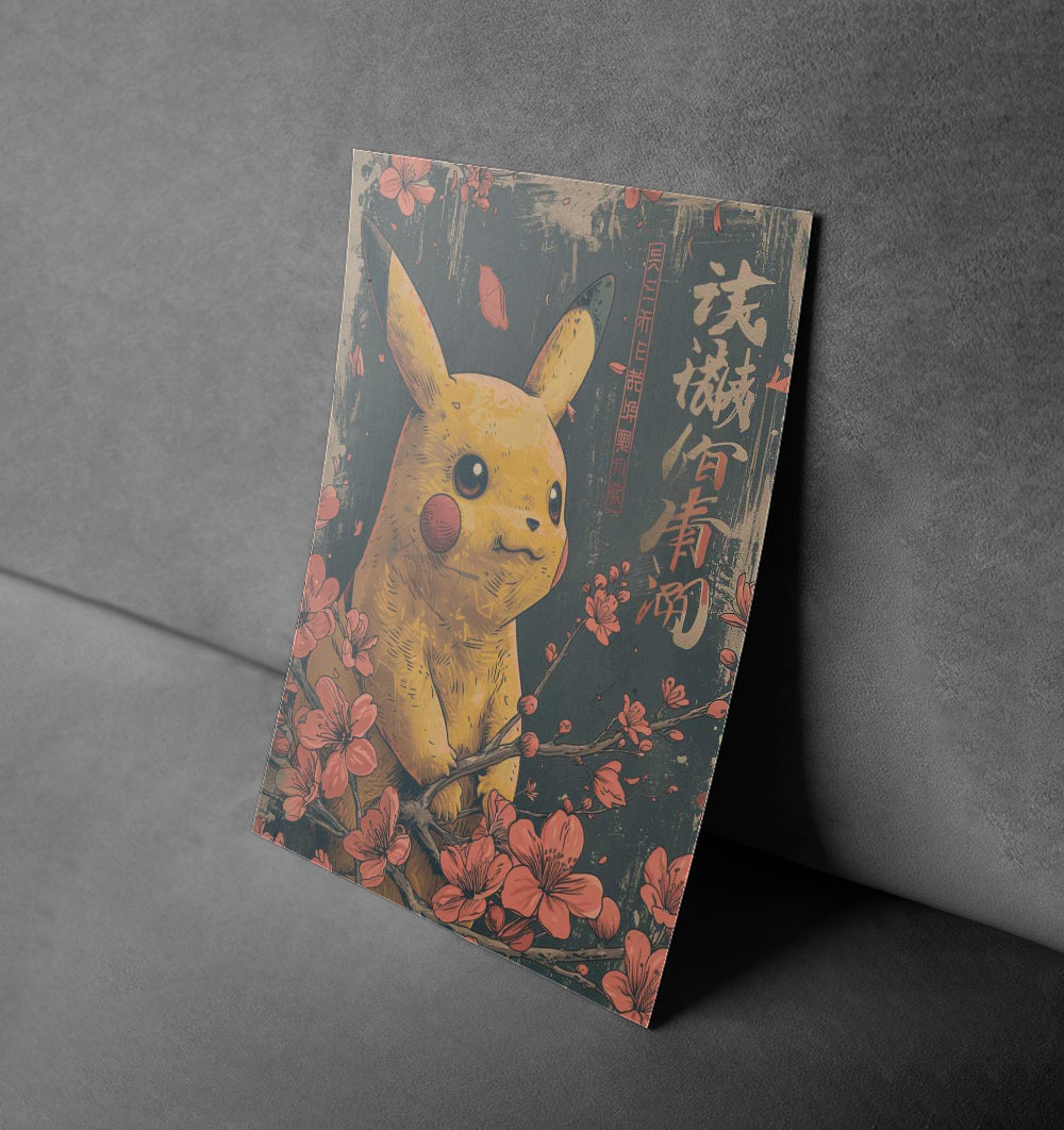 Pikachu Cherry Blossom Vintage Gaming Art Poster