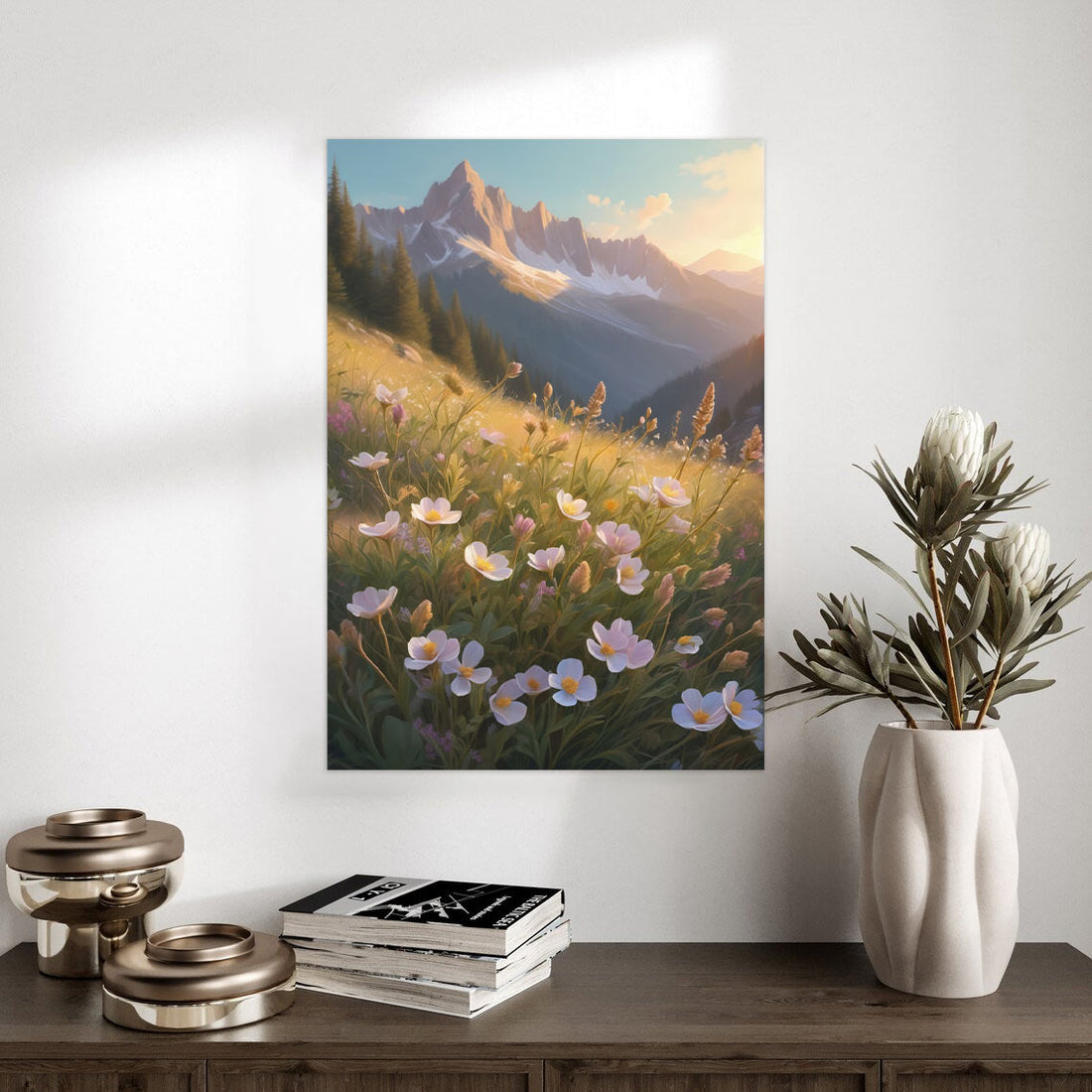 Mountain Blossom Harmony – Tranquil Alpine Meadow Poster