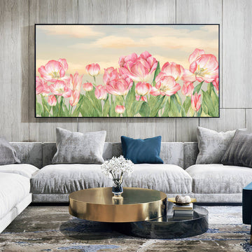 Blushing Tulip Garden: Oil Painting of Blooming Pink Tulips