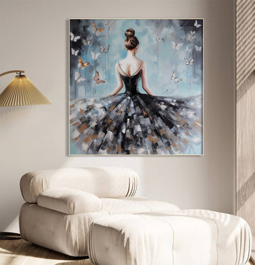 Ethereal Grace – Woman in Black Dress with Butterflies Oil Painting Canvas