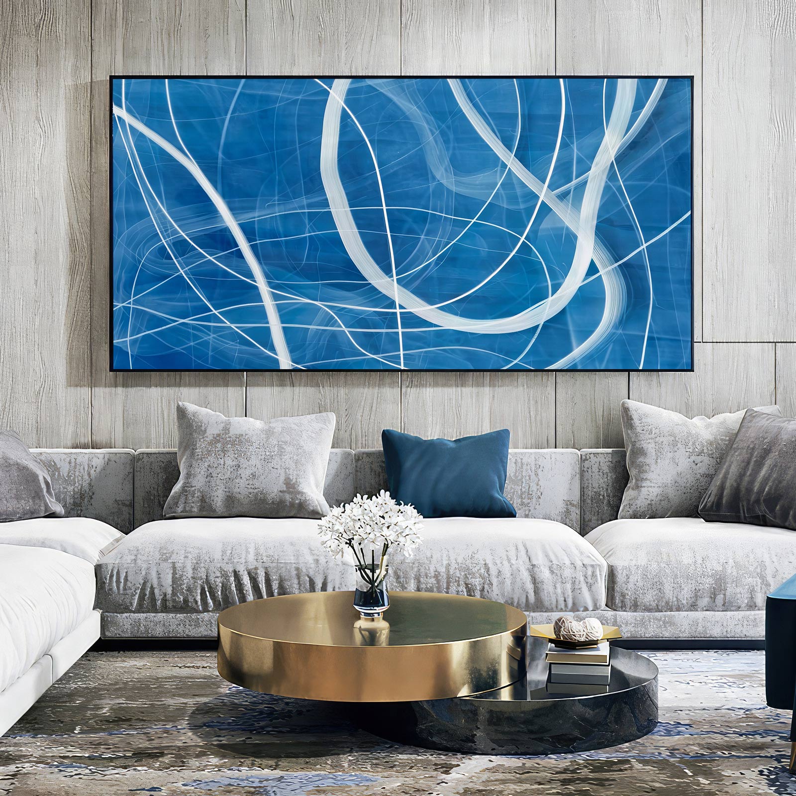 Fluid Harmony: Abstract Blue and White Flowing Lines