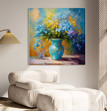 Blooming Harmony: Blue and Yellow Floral Oil Painting